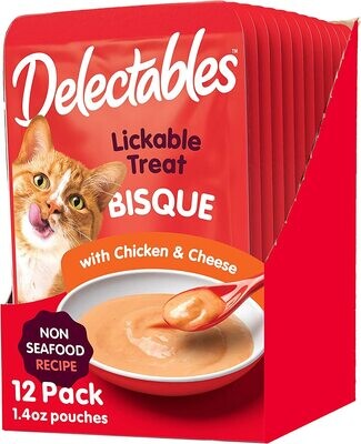 Delectables Hartz Bisque Non-Seafood Lickable We Cat Treats for Adults &amp; Senior Cats, Chicken &amp; Cheese, 12 Count; Flavor: Chicken &amp; Cheese; Size: 1 Count (Pack of 12) (works out as $18.50 per pouch)