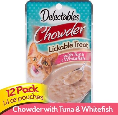 Delectables Hartz Chowder Lickable Wet Cat Treats for Kitten, Adult &amp; Senior Cats, Tuna &amp; Whitefish, 12 Count (works out as $18.50 per pouch - NOT sold individually)