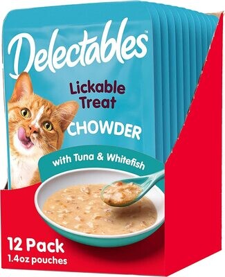 Delectables Hartz Chowder Lickable Wet Cat Treats for Kitten, Adult &amp; Senior Cats, Tuna &amp; Whitefish, 12 Count (works out as $18.50 per pouch - NOT sold individually)