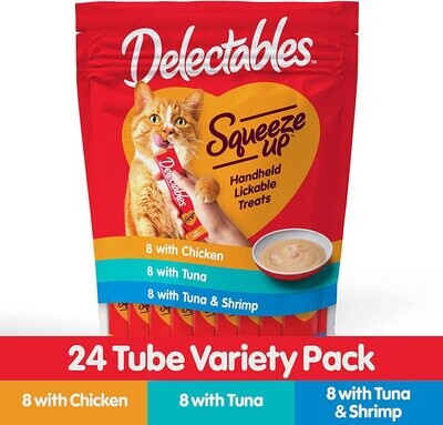 Hartz Delectables Squeeze Up (24) Interactive Lickable Wet Cat Treats for Adult &amp; Senior Cats, Tuna &amp; Shrimp, 24 Count, 12 ounces - (works out as $9.95 per tube)