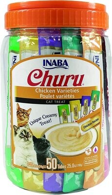 INABA Churu Cat Treats, Grain-Free, Lickable, Squeezable Creamy Purée Cat Treat/Topper with Vitamin E &amp; Taurine, 0.5 Ounces Each Tube, 50 Tubes, Chicken Variety (works out as $11.76 per tube)