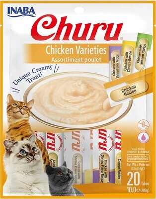 INABA Churu Cat Treats, Grain-Free, Lickable, Squeezable Creamy Purée Cat Treat/Topper with Vitamin E &amp; Taurine, 0.5 Ounces Each Tube, 20 Tubes, 4 flavor Chicken Variety Pack ($11.00 per tube)