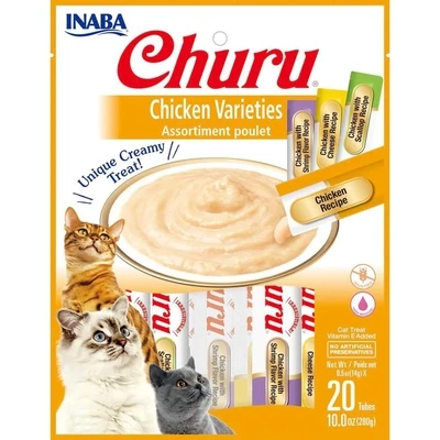 INABA Churu Cat Treats, Grain-Free, Lickable, Squeezable Creamy Purée Cat Treat/Topper with Vitamin E &amp; Taurine, 0.5 Ounces Each Tube, 20 Tubes, 4 flavor Chicken Variety Pack ($11.00 per tube)