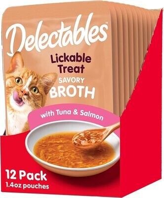 Delectables Hartz Savory Broths Tuna &amp; Salmon Lickable Cat Treat, 12 Pack; Flavor Name: Tuna &amp; Salmon; Size: 12 Count