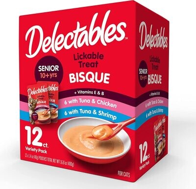 Delectables Hartz Bisque Lickable Wet Cat Treats for Cats, SENIOR 10+ Bisque Cat Treat Variety Pack, 1.4-oz, case of 12