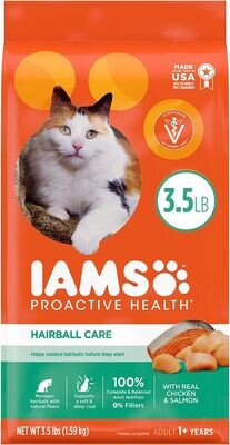 IAMS PROACTIVE HEALTH Adult HAIRBALL Care Dry Cat Food with Chicken and Salmon Cat Kibble, 3.5 lb. Bag