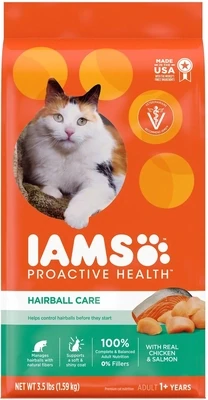IAMS PROACTIVE HEALTH Adult HAIRBALL Care Dry Cat Food with Chicken and Salmon Cat Kibble, 3.5 lb. Bag