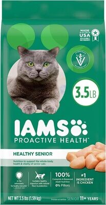 IAMS PROACTIVE HEALTH Healthy SENIOR Dry Cat Food with Chicken Cat Kibble, 3.5 lb. Bag