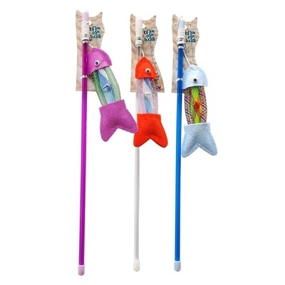 (1) CAT / KITTEN FISH TEASER WAND - (ASSORTED COLOURS) - (Purple, Blue, Orange)