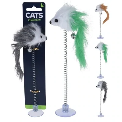 ** Cat Collection Mouse w/Bell On Spring Cat Toy 19cm w/Suction Cup - Colours: Green/White, Grey/White, Brown/White
