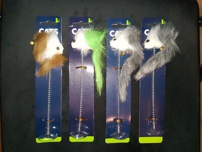 ** Cat Collection Mouse w/Bell On Spring Cat Toy 19cm w/Suction Cup - Colours: Green/White, Grey/White, Brown/White
