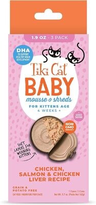 Tiki Cat Baby Mousse &amp; Shreds, Chicken, Salmon, and Chicken Liver, High-Protein, Wet Cat Food for Kittens 4 Weeks+, 1.9 oz. Cans (Pack of 3) - KITTEN BABY SIZED!!!