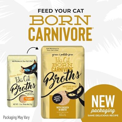 Tiki Cat Savory Broths BORN CARNIVORE Chicken, Wet, Hydration and Flavor Supplement Cat Food Topper, 1.3 oz. Pouch (Pack of 12) - TTD $231.00 (works out as $19.25 per pouch - NOT sold individually)