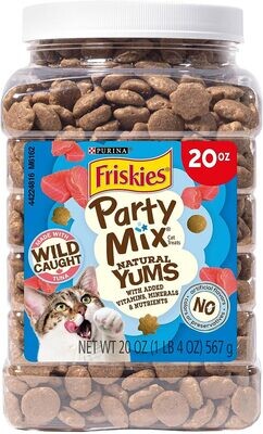 * Purina Friskies Party Mix Natural Cat Treats Natural Yums With Wild Caught Tuna and added vitamins, minerals and nutrients - 20 oz. Canister