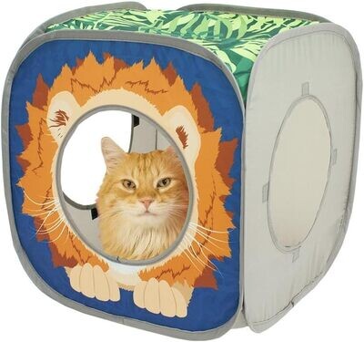 ( 1) Kitty City Safari Play Cube, Cat Cube, Play Kennel, Cat Bed, Jungle Cat House, Multicolor, 15 H x15 W inches; LION or PANTHER