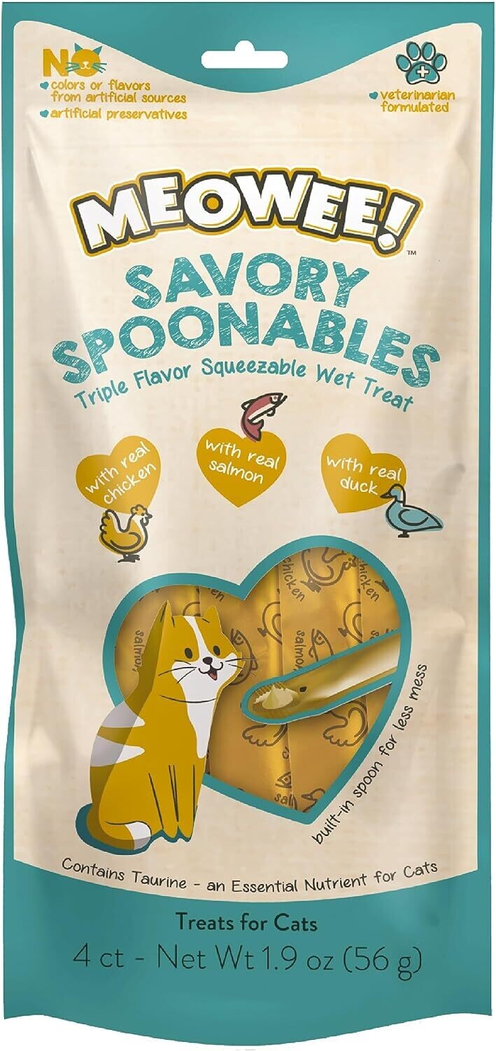 MEOWEE! Savory Spoonables with Real Chicken, Salmon &amp; Duck, 4 Count Tube, Triple Flavor Squeezable Lickable Wet Treats for Cats with Built-in Spoon for Less Mess; (works out as $14.99 per tube)​