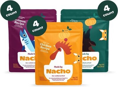 Made by Nacho Wet Cat Food Variety Pack, Cage-Free Chicken, Sustainably Caught Salmon, Grass-Fed Beef with Bone Broth for Extra Hydration, (12) 3 oz Pouches; Flavor Name: Variety Pack