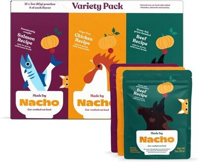 Made by Nacho Wet Cat Food Variety Pack, Cage-Free Chicken, Sustainably Caught Salmon, Grass-Fed Beef with Bone Broth for Extra Hydration, (12) 3 oz Pouches; Flavor Name: Variety Pack Made by Nacho Wet Cat Food Variety Pack, Cage-Free Chicken, Sustainably Caught Salmon, Grass-Fed Beef with Bone Broth for Extra Hydration, (12) 3 oz Pouches; Flavor Name: Variety Pack