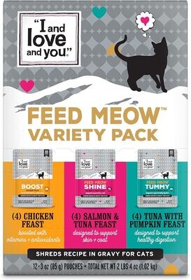 I and love and you - Feed Meow Wet Cat Food Toppers, Variety Pack (Tummy, Boost, and Shine), Grain Free, No Fillers, 3oz Pouches, Pack of 12 Pouches