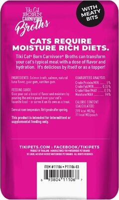 Tiki Cat Savory Broths BORN CARNIVORE, Grain Free Lickable Wet Food Treat, Add Moisture &amp; Boost Flavor, 12 pouches; Flavor Name: SALMON - TTD $234.00 (works out as $19.50 per pouch)