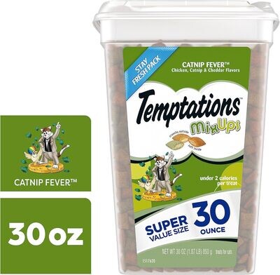 * Temptations * MIXUPS Crunchy and Soft Cat Treats Catnip Fever Flavor, 30 oz. Tub