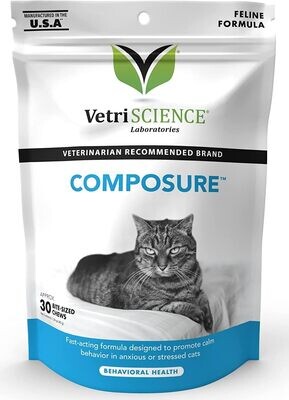 VETRISCIENCE Composure Calming Treats for Cats - Helps Reduce Stress and Anxiety - Great for Car Rides, Thunder, Parties, Grooming, Separation; Flavor Name: Chicken; Size: 30 Chews-EXP:END/09/25