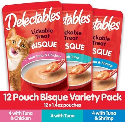 Hartz Delectables Bisque Lickable Wet Cat Treats for Cats, Multiple Flavors - Variety; 12 pouches; Chicken, Tuna &amp; Shrimp - (works out as $19.25 per pouch - EXPIRY: MAY.10.2025