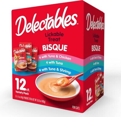 Hartz Delectables Bisque Lickable Wet Cat Treats for Cats, Multiple Flavors - Variety; 12 pouches; Chicken, Tuna &amp; Shrimp - (works out as $19.25 per pouch - EXPIRY: MAY.10.2025