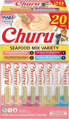 INABA Churu Cat Treats, 20 Grain-Free, Lickable, Squeezable Creamy Purée Cat Treat/Topper with Vitamin E &amp; Taurine, 0.5 Ounces Each Tube, 20 Tubes, Seafood Variety Box (works out as $13 per tube)