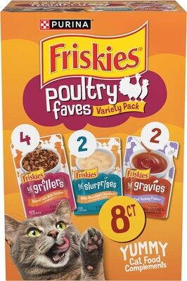 Purina Friskies Poultry Faves Lickable Gravy Cat Food Topper Variety Pack - 8 Count (Pack of 1) - works out as $15.00 per pouch - EXPIRY: End of March 2025