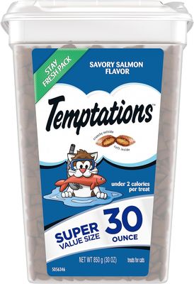 * TEMPTATIONS Classic Crunchy and Soft Cat Treats, Savory Salmon Flavor, 30 oz. Tub