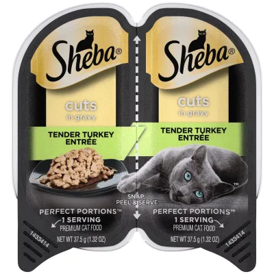 (((1))) Sheba Perfect Portions CUTS in Gravy Wet Cat Food Tray TENDER TURKEY - 2.6 Oz. (Pack of 1); (2 SERVINGS) - TTD $21.00 (works out as $10.50 per serving ($21 per tray) - EXPIRY 03.14.2025