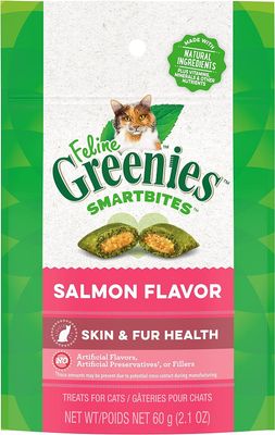 FELINE GREENIES SMARTBITES Skin &amp; Fur Crunchy and Soft Natural Cat Treats, Salmon Flavor, 2.1 oz. Pack