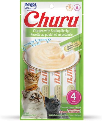 INABA Churu Cat Treats, CHICKEN WITH SCALLOP Recipe Lickable Purée Natural Cat Treats 4 Tubes (works out as $13.75 per tube)