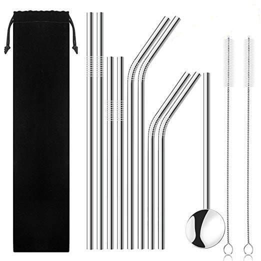 ( 1) 12 PC Stainless Steel Straws, Reusable Metal Drinking Straws Set with Cleaning Brush Coffee Spoon for 30oz 20oz Tumblers Cups Mugs Yeti Rambler Ozark Trail (Sliver) in a Velvet Carry Pouch