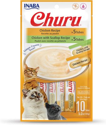 INABA Churu Cat Treats, 10 Grain-Free Lickable, Squeezable Creamy Purée Cat Treat/Topper with Vitamin E &amp; Taurine, 0.5 Ounces Each Tube, 10 Tubes Total/Two Flavors, Chicken Variety ($11 per tube)