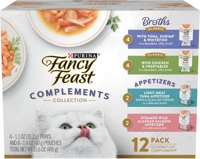 Fancy Feast Purina Lickable Appetizers and Broths Collection Grain Free Wet Cat Food Topper Variety Pack - 12      Ct. Box (works out as $19.75 per BROTH &amp; $22.75 per APPETIZER)