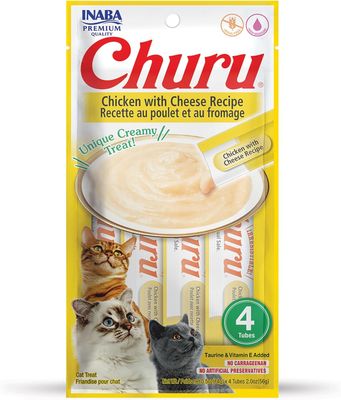 INABA Churu Cat Treats, CHICKEN WITH CHEESE Recipe Lickable Purée Natural Cat Treats 4 Tubes (works out as $13.75 per tube)