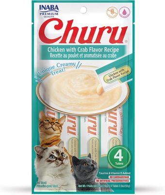 INABA Churu Cat Treats, CHICKEN WITH CRAB Flavor Recipe Lickable Purée Natural Cat Treats 4 Tubes (works out as $13.75 per tube)