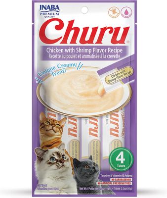 INABA Churu Cat Treats, CHICKEN WITH SHRIMP Flavor Recipe Lickable Purée Natural Cat Treats 4 Tubes (works out as $13.75 per tube)