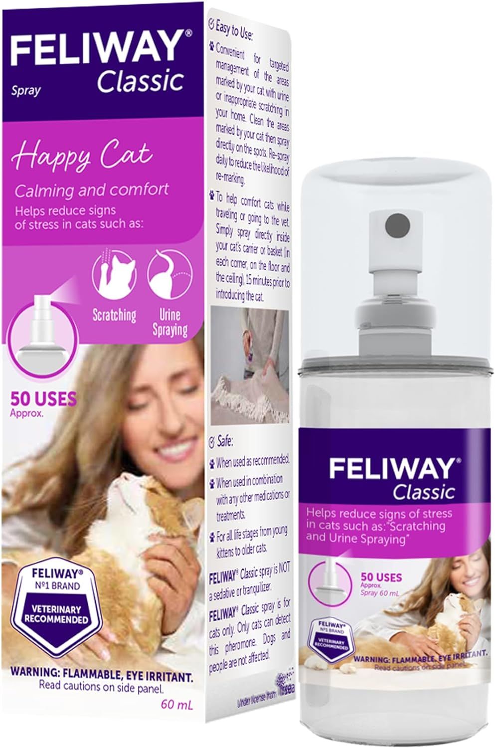 FELIWAY Classic Calming Spray (60ML​-FULL SIZE)-Reassures Cats During Car Travel, Veterinary Visits &amp; Helps Control Unwanted Behaviours Like Urine Spraying, Scratching-(60 ML)-Expiry END/12/2025
