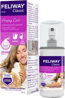 (  1) FELIWAY Classic Calming Spray (60ML​-FULL SIZE)-Reassures Cats During Car Travel, Veterinary Visits &amp; Helps Control Unwanted Behaviours Like Urine Spraying, Scratching-(60 ML)-Expiry END/12/2025