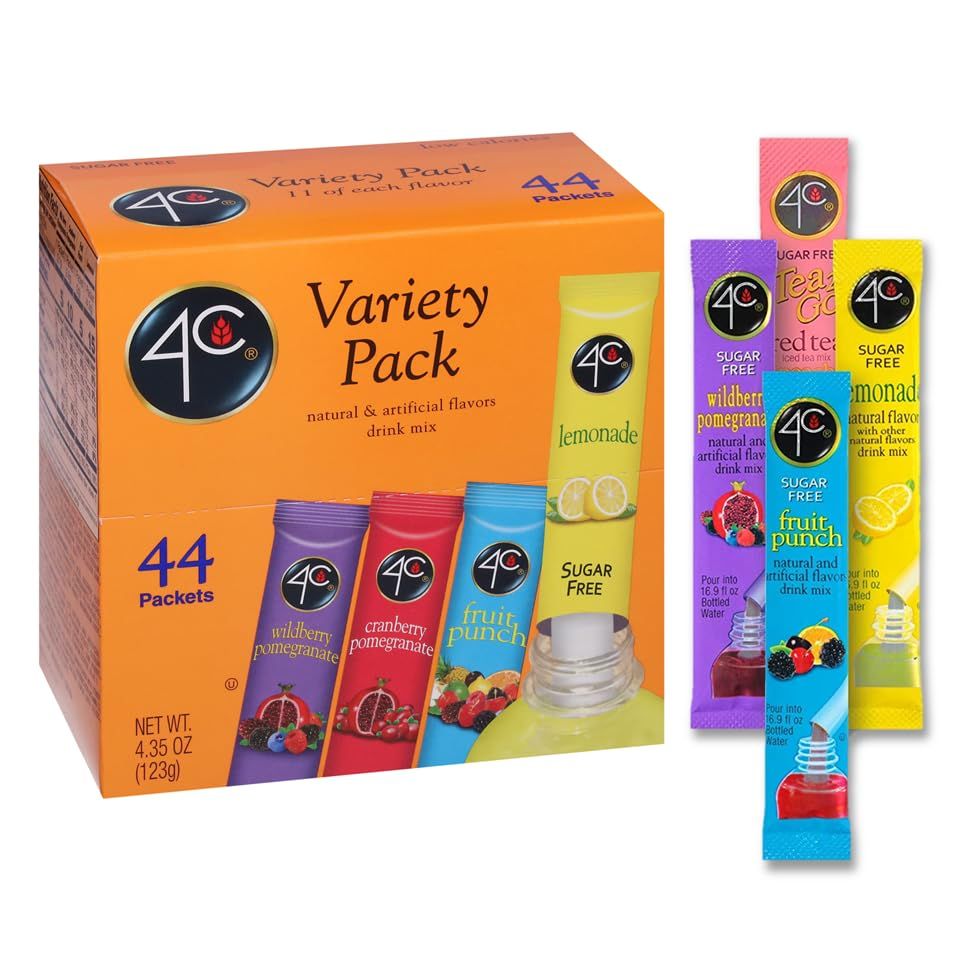 ( 44) 4C Powder Drink Mix Packets, Variety 1 Pack, 44 Count, Singles Stix On the Go Refreshing SUGAR FREE Water Flavoring (11 Each Wild Berry Pomegranate, Cranberry-Pomegranate, Fruit Punch, Lemonade)