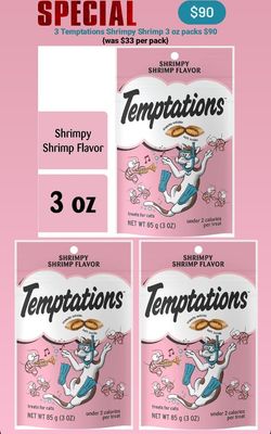 BUNDLE - 3 TEMPTATIONS 3 oz PACKS - (3) SHRIMPY SHRIMP - Expiry End of 10/2024