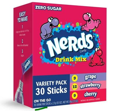 (30) Nerds, Variety (Grape, Strawberry, Cherry) – Powder Drink Mix, Delicious hydration, Makes 30 Drinks (works out as $5.00 per tube)