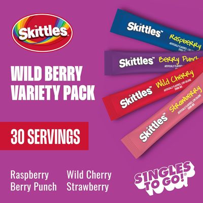 (30) Skittles Singles To Go Wild Berry Variety Pack, Watertok Powdered Drink Mix, Zero Sugar, Low Calorie, Includes 4 Wild Berry Flavors, 1 Box (30 Single Servings) ($5.00 per tube/serving)