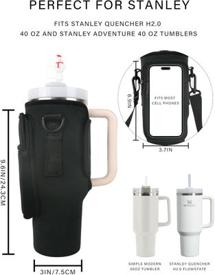 STANLEY CUP CARRIER BAG with Strap for STANLEY CUP 40/30 oz, Water Bottle Holder with Pouch for Stanley Accessories, Stanley Carrier with Adjustable Sling &amp; Straw Cover;Brand: Blissthrill (BLACK)
