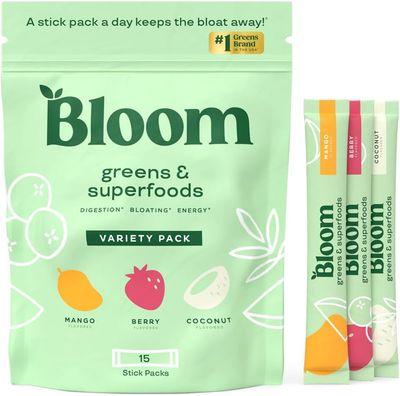 Bloom Nutrition Superfood Greens Powder Stick Packs, Digestive Enzymes with Probiotics and Prebiotics, Gut Health, Bloating Relief for Women, Chlorella, Green Juice Mix, 15 SVG, 3 Flavor Variety Bloom Nutrition Superfood Greens Powder Stick Packs, Digestive Enzymes with Probiotics and Prebiotics, Gut Health, Bloating Relief for Women, Chlorella, Green Juice Mix, 15 SVG, 3 Flavor Variety