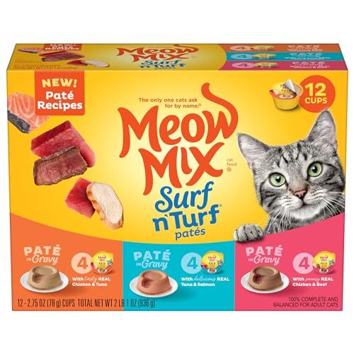 Meow Mix Paté in Gravy Wet Cat Food Variety Pack, Surf n’ Turf Patés 2.75 Ounce (Pack of 12) Flavor Name: Surf &#39;n Turf Variety - (works out as $19.50 per tub) - EXPIRY: 10.27.25