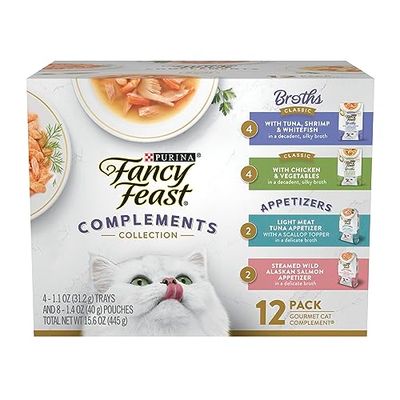Fancy Feast Purina Lickable Appetizers and Broths Collection Grain Free Wet Cat Food Topper Variety Pack - 12      Ct. Box (works out as $19.75 per BROTH &amp; $22.75 per APPETIZER)